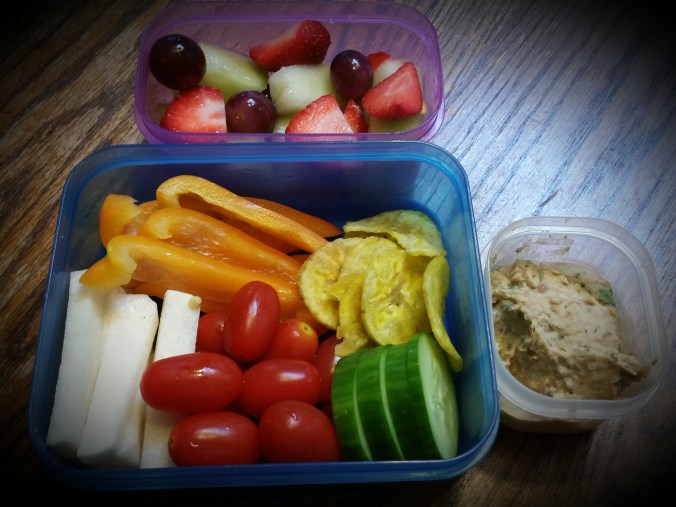 Veggies and plantain chips with homemade bean dip